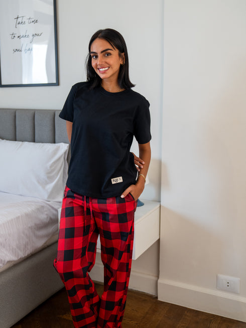 Women summer pajama set Black Tee + Red X Black Checkered Pants